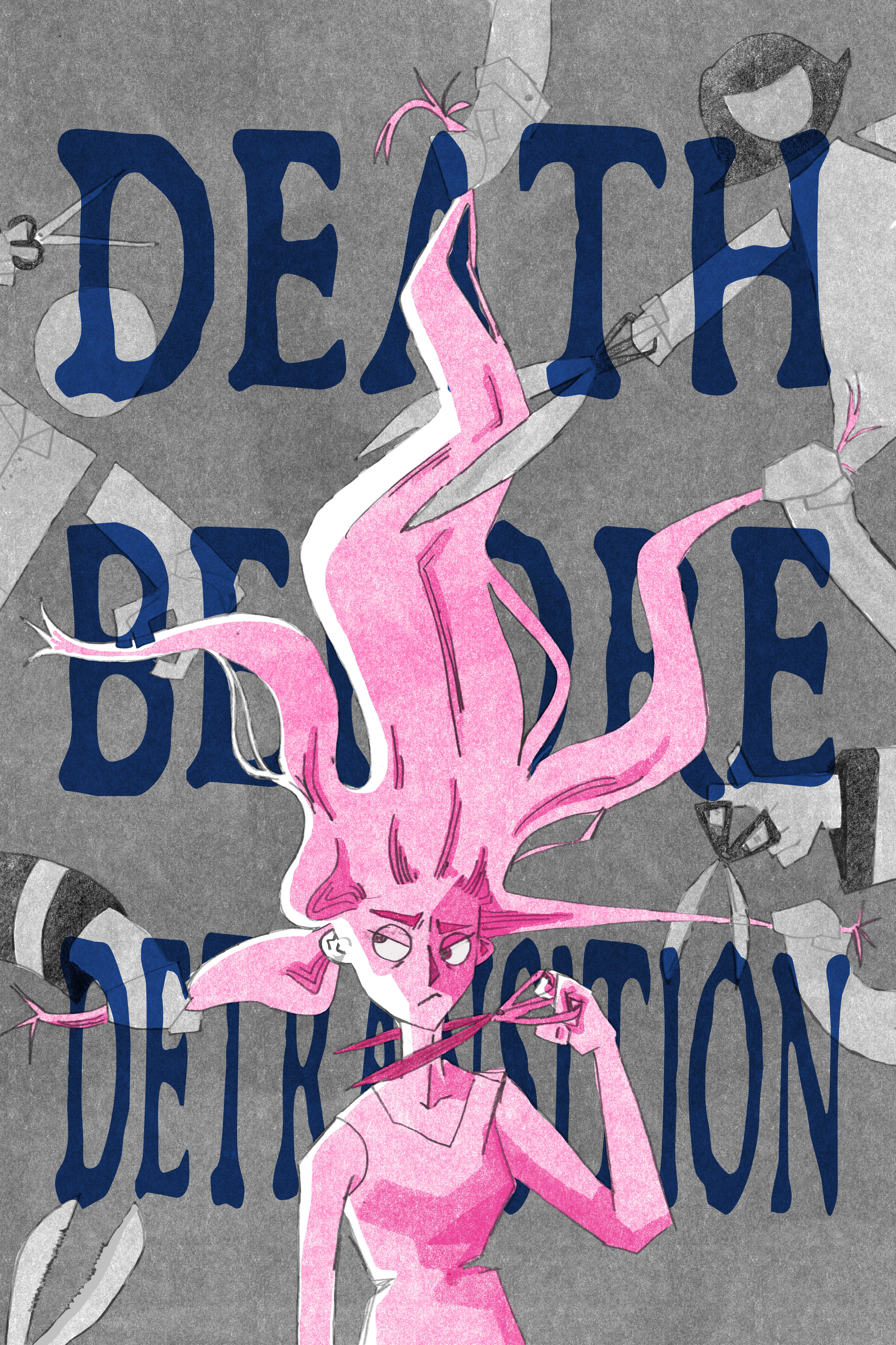 Risograph print of a trans woman with scissors to her neck as radical agency of her own life.